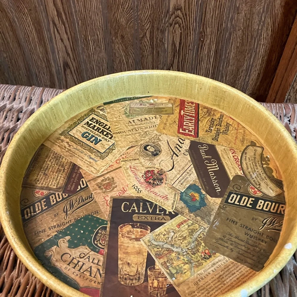 Vintage Liquor Labels Tin Metal Tray Decoupaged 13.5” Wide Unique Bar Decor